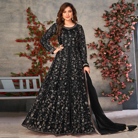 Embroidered Net Pakistani Suit in Black : KCH3136